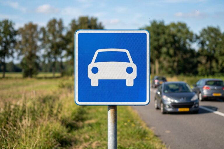 Que signifie le panneau bleu avec une voiture